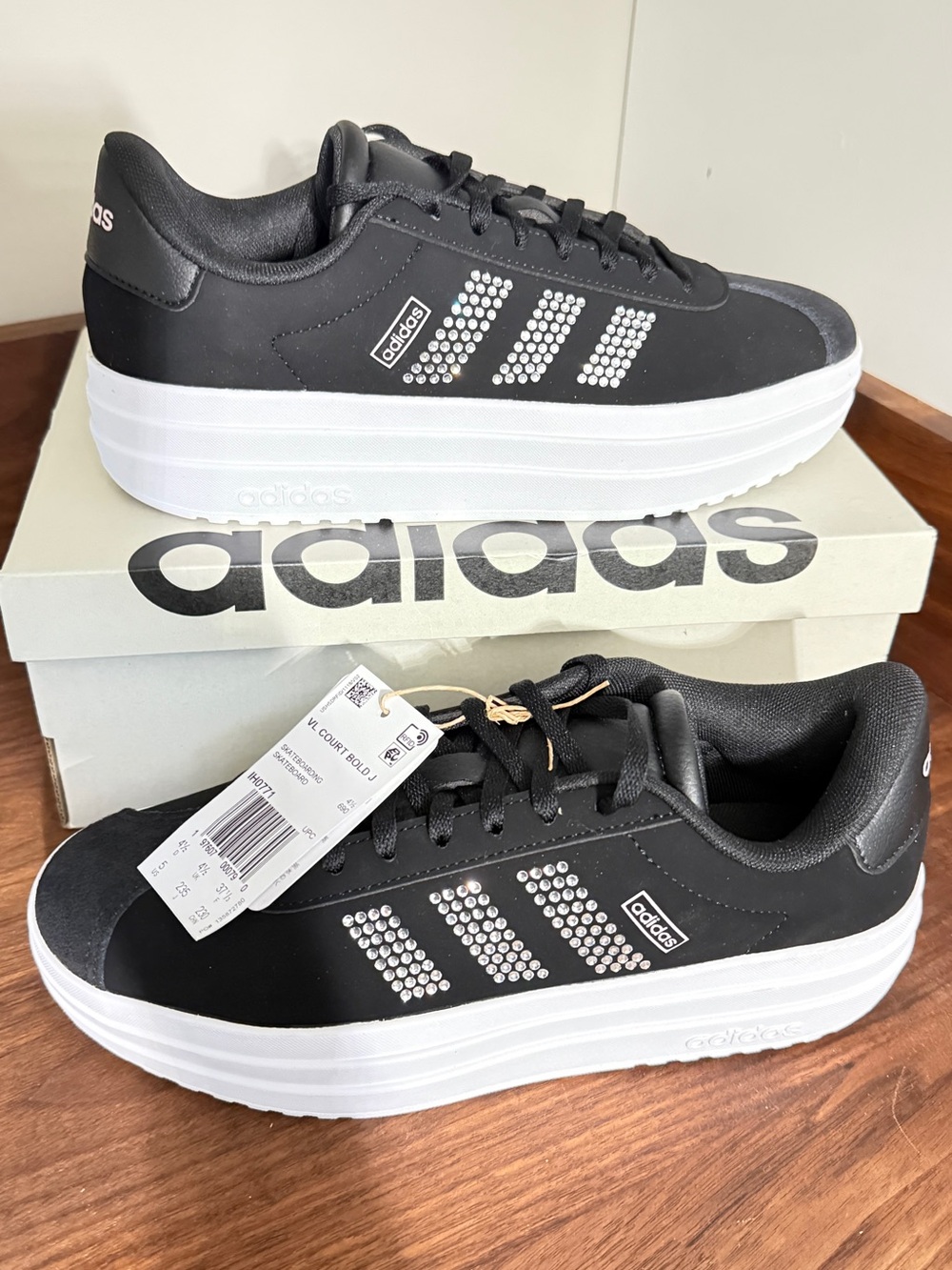 adidas Black Youth Platform Sneakers with Crystal Three-Stripes